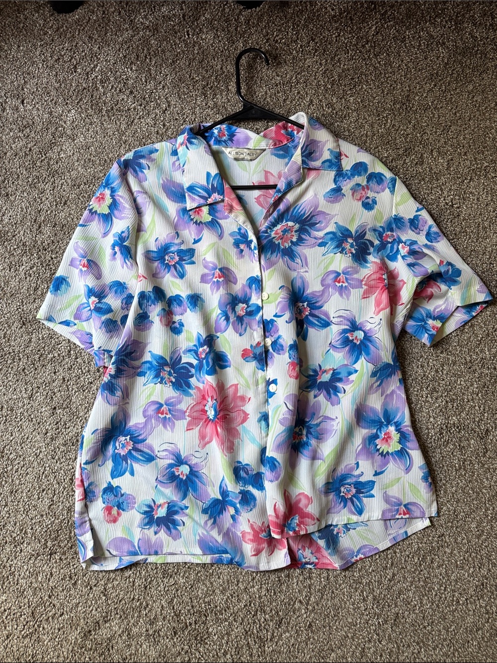 Allison Daley White Button-Front Blouse with Blue & Pink Floral Print